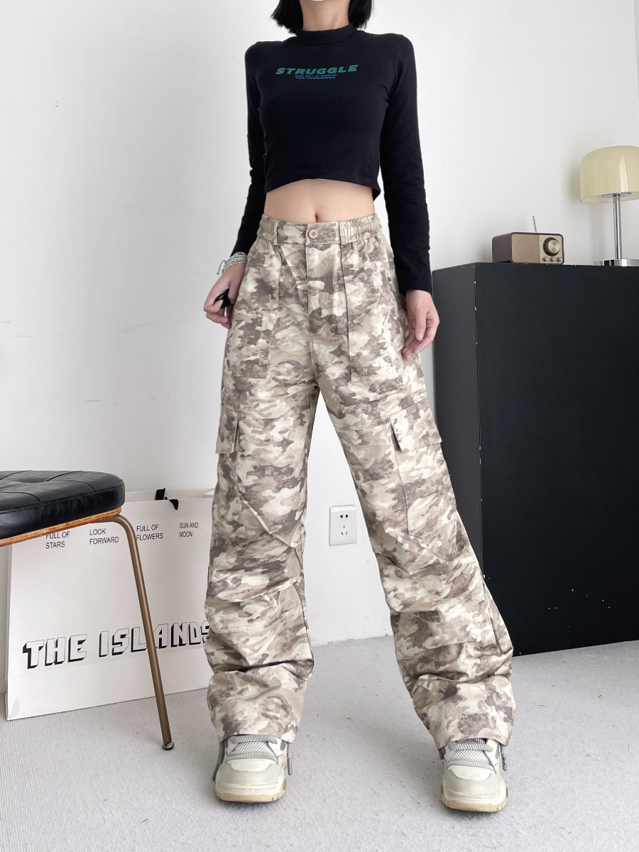 High-Waisted Loose-Fitting Camouflage Work Pants for Women, Slimming Straight-Leg Jazz Dance Style, Vintage 90s Fashion