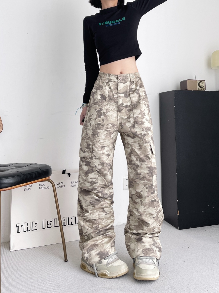 High-Waisted Loose-Fitting Camouflage Work Pants for Women, Slimming Straight-Leg Jazz Dance Style, Vintage 90s Fashion