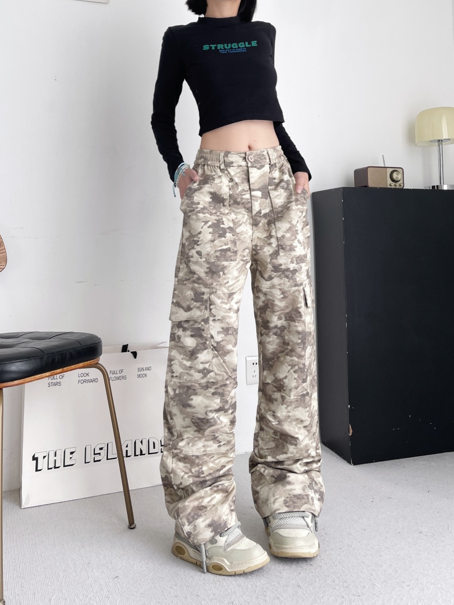 High-Waisted Loose-Fitting Camouflage Work Pants for Women, Slimming Straight-Leg Jazz Dance Style, Vintage 90s Fashion High-Waisted Loose-Fitting Camouflage Work Pants for Women, Slimming Straight-Leg Jazz Dance Style, Vintage 90s Fashion