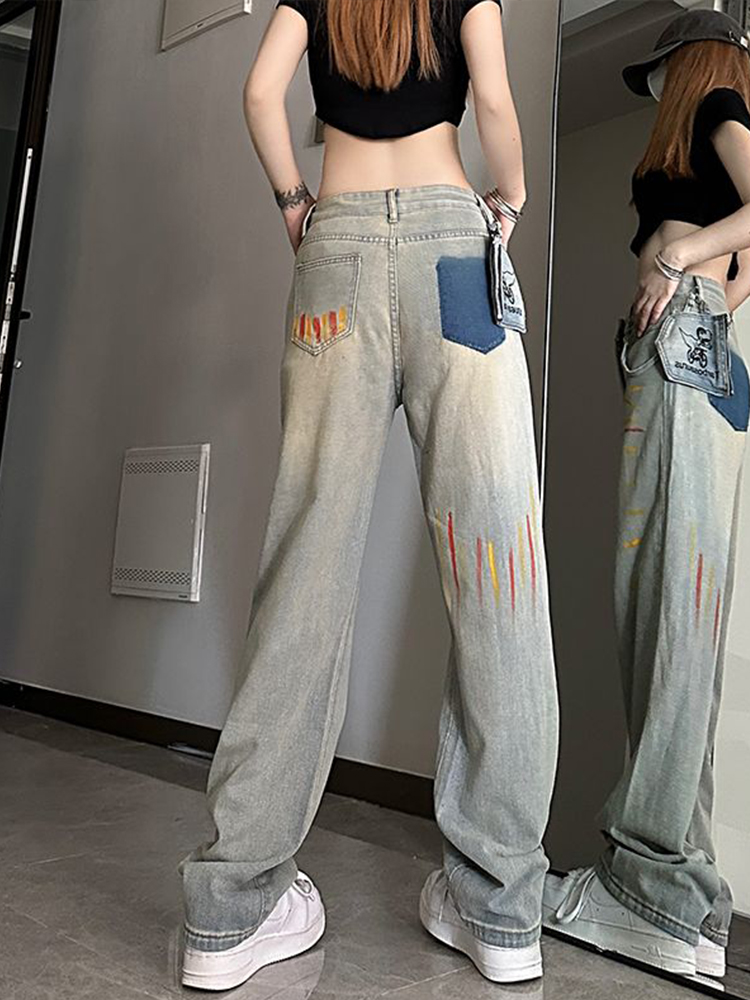 High-Waisted Loose-Fitting Denim Pants for Women, Trendy Ink-Splash Design, Straight-Leg Wide-Leg Casual Trousers High-Waisted Loose-Fitting Denim Pants for Women, Trendy Ink-Splash Design, Straight-Leg Wide-Leg Casual Trousers