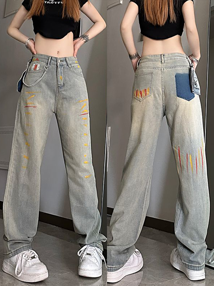 High-Waisted Loose-Fitting Denim Pants for Women, Trendy Ink-Splash Design, Straight-Leg Wide-Leg Casual Trousers