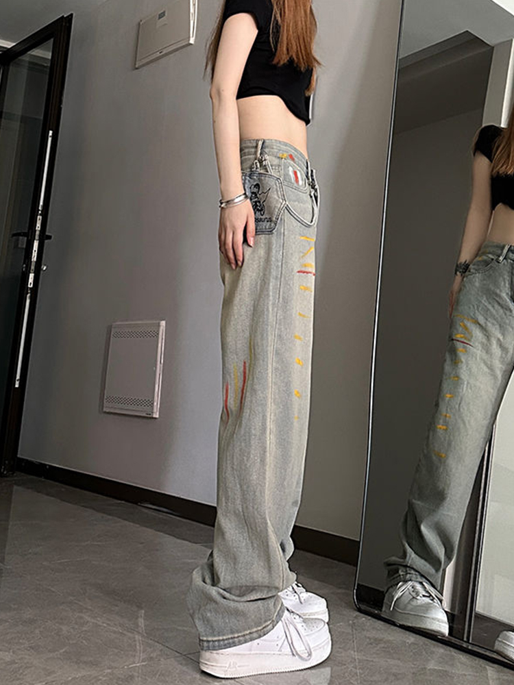 High-Waisted Loose-Fitting Denim Pants for Women, Trendy Ink-Splash Design, Straight-Leg Wide-Leg Casual Trousers High-Waisted Loose-Fitting Denim Pants for Women, Trendy Ink-Splash Design, Straight-Leg Wide-Leg Casual Trousers