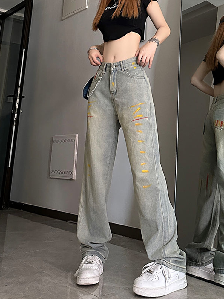 High-Waisted Loose-Fitting Denim Pants for Women, Trendy Ink-Splash Design, Straight-Leg Wide-Leg Casual Trousers High-Waisted Loose-Fitting Denim Pants for Women, Trendy Ink-Splash Design, Straight-Leg Wide-Leg Casual Trousers