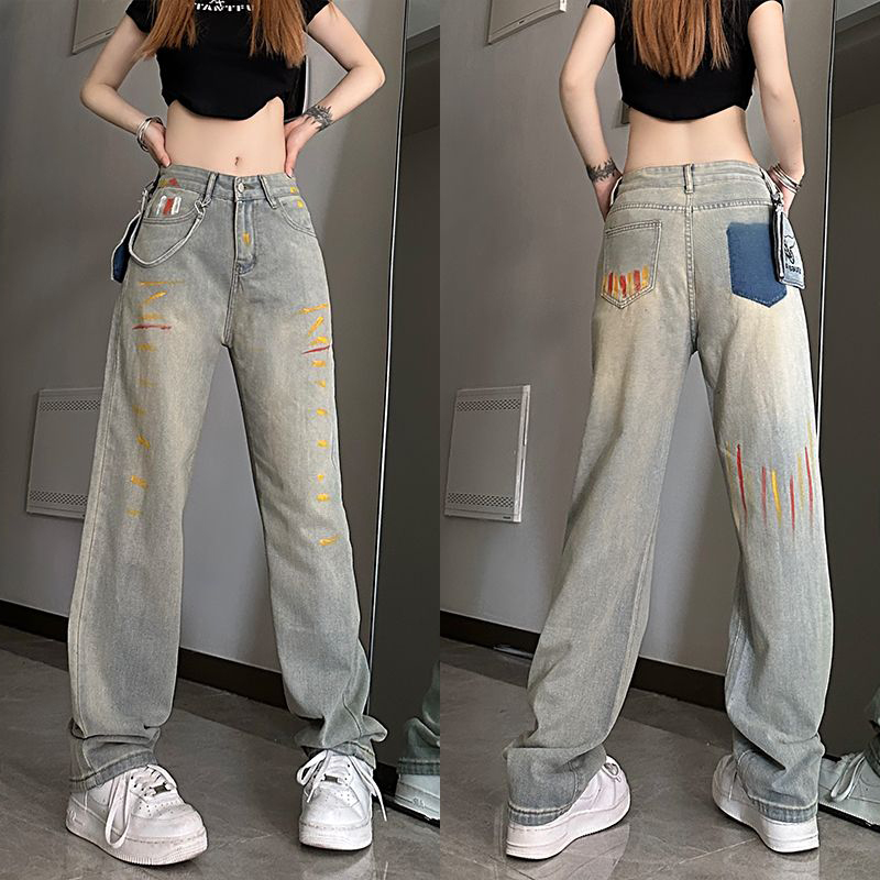 High-Waisted Loose-Fitting Denim Pants for Women, Trendy Ink-Splash Design, Straight-Leg Wide-Leg Casual Trousers