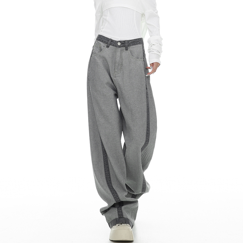 High-Waisted Loose Jeans, American Vintage Leopard Print, Spliced Design, Straight Wide-Leg, Early Autumn Fashion, 90s Inspired Style High-Waisted Loose Jeans, American Vintage Leopard Print, Spliced Design, Straight Wide-Leg, Early Autumn Fashion, 90s Inspired Style