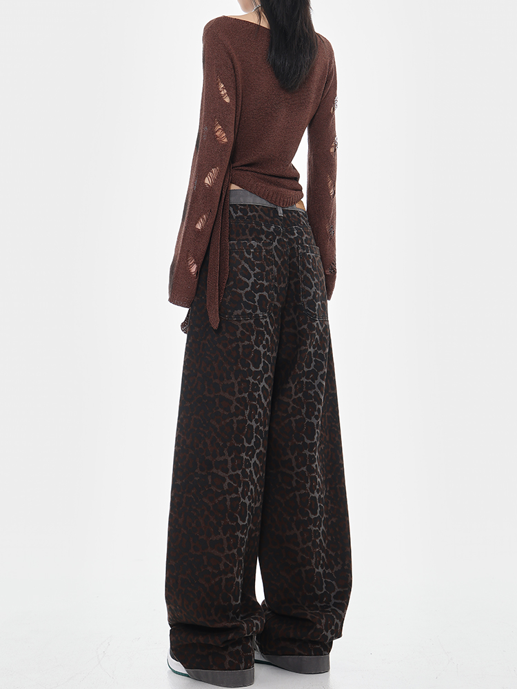 High-Waisted Loose Jeans, American Vintage Leopard Print, Spliced Design, Straight Wide-Leg, Early Autumn Fashion, 90s Inspired Style High-Waisted Loose Jeans, American Vintage Leopard Print, Spliced Design, Straight Wide-Leg, Early Autumn Fashion, 90s Inspired Style
