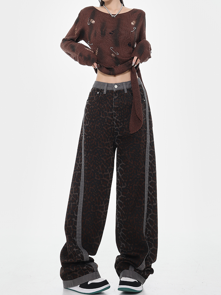 High-Waisted Loose Jeans, American Vintage Leopard Print, Spliced Design, Straight Wide-Leg, Early Autumn Fashion, 90s Inspired Style