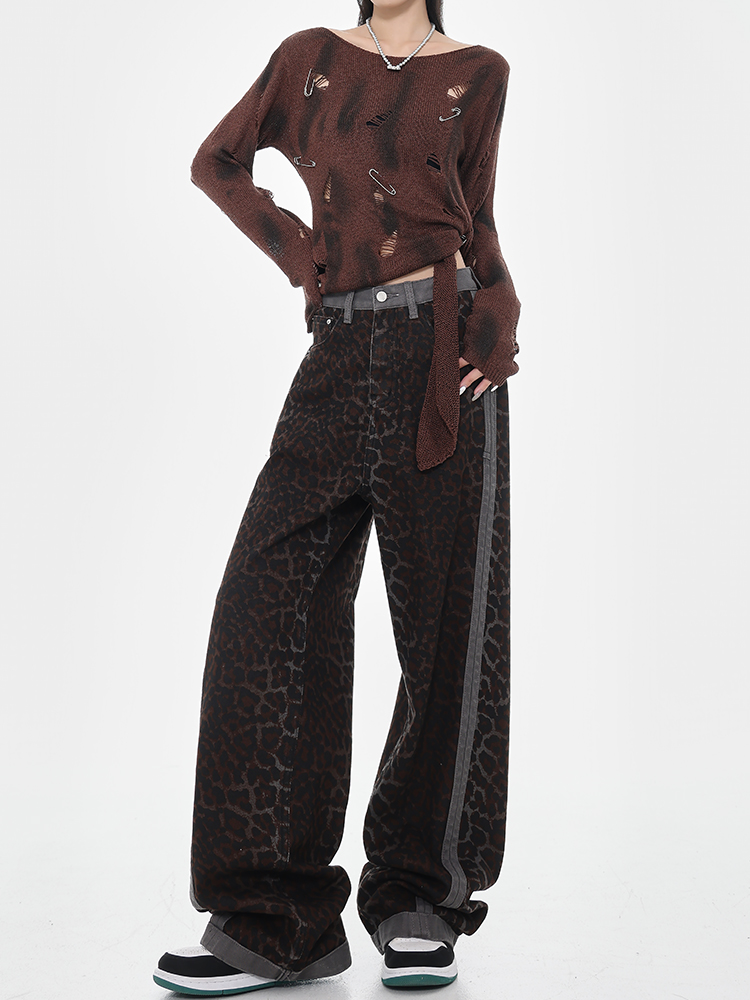 High-Waisted Loose Jeans, American Vintage Leopard Print, Spliced Design, Straight Wide-Leg, Early Autumn Fashion, 90s Inspired Style High-Waisted Loose Jeans, American Vintage Leopard Print, Spliced Design, Straight Wide-Leg, Early Autumn Fashion, 90s Inspired Style