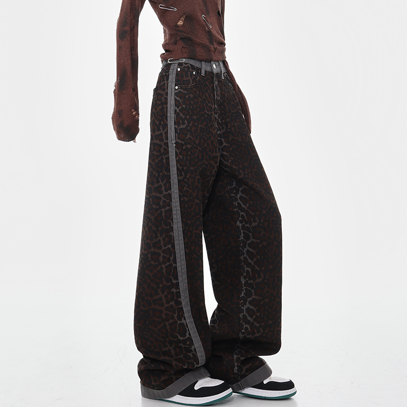 High-Waisted Loose Jeans, American Vintage Leopard Print, Spliced Design, Straight Wide-Leg, Early Autumn Fashion, 90s Inspired Style