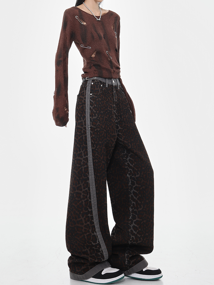 High-Waisted Loose Jeans, American Vintage Leopard Print, Spliced Design, Straight Wide-Leg, Early Autumn Fashion, 90s Inspired Style High-Waisted Loose Jeans, American Vintage Leopard Print, Spliced Design, Straight Wide-Leg, Early Autumn Fashion, 90s Inspired Style
