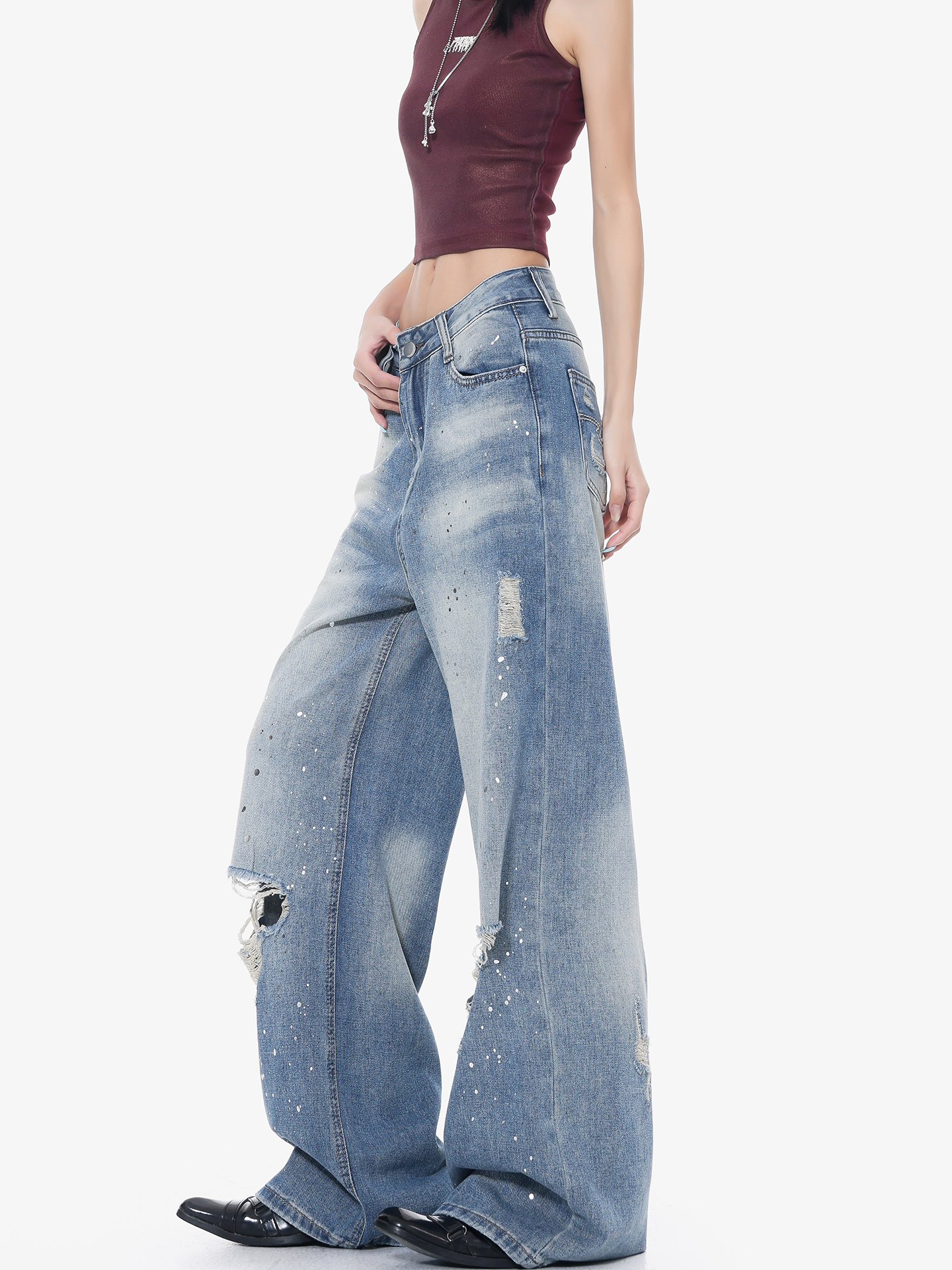 High-Waisted Loose Ripped Jeans for Women - American Style Summer Wide-Leg Pants, Draped Floor-Length Fashion
