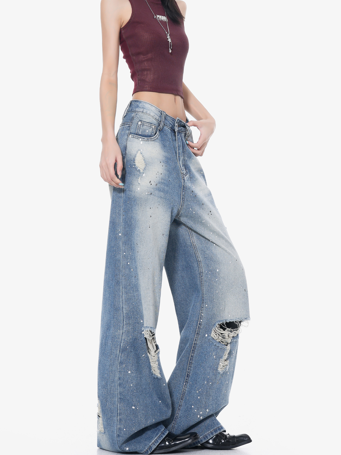 High-Waisted Loose Ripped Jeans for Women - American Style Summer Wide-Leg Pants, Draped Floor-Length Fashion High-Waisted Loose Ripped Jeans for Women - American Style Summer Wide-Leg Pants, Draped Floor-Length Fashion