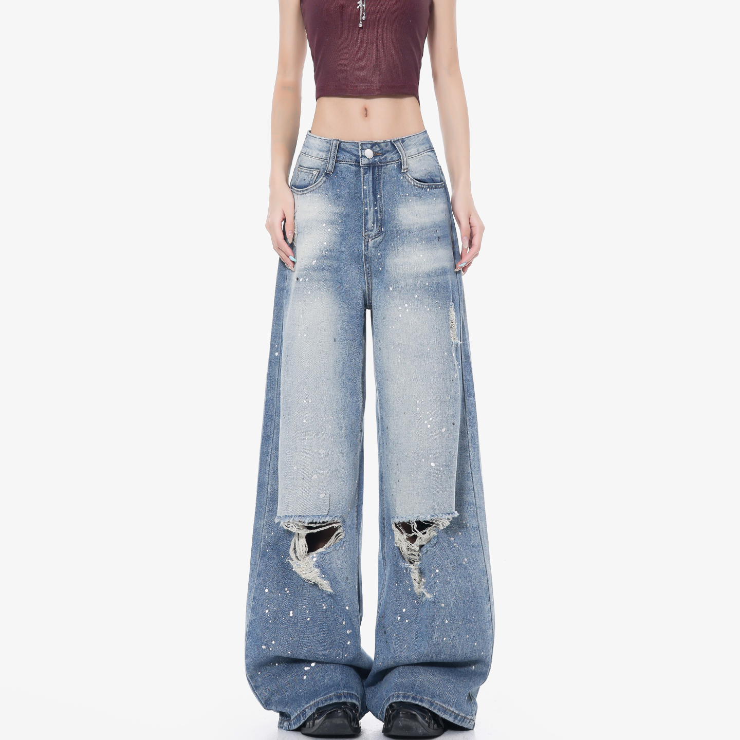 High-Waisted Loose Ripped Jeans for Women - American Style Summer Wide-Leg Pants, Draped Floor-Length Fashion