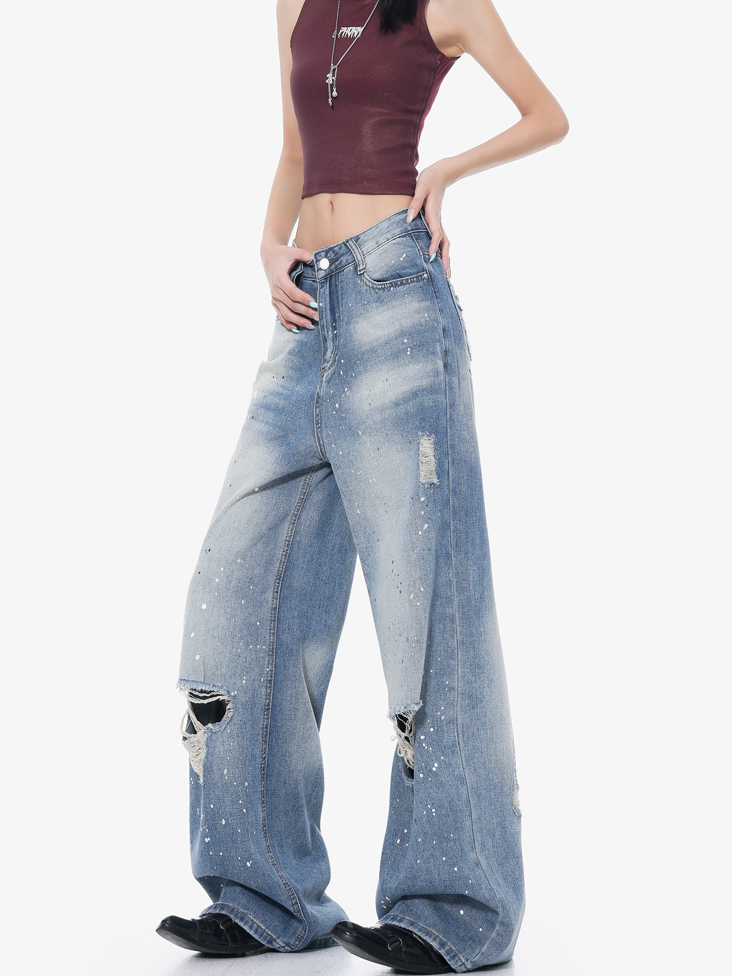 High-Waisted Loose Ripped Jeans for Women - American Style Summer Wide-Leg Pants, Draped Floor-Length Fashion High-Waisted Loose Ripped Jeans for Women - American Style Summer Wide-Leg Pants, Draped Floor-Length Fashion