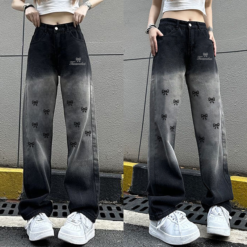High-Waisted Loose Straight Wide-Leg Pants for Women - Casual Gradient Black American High Street Style