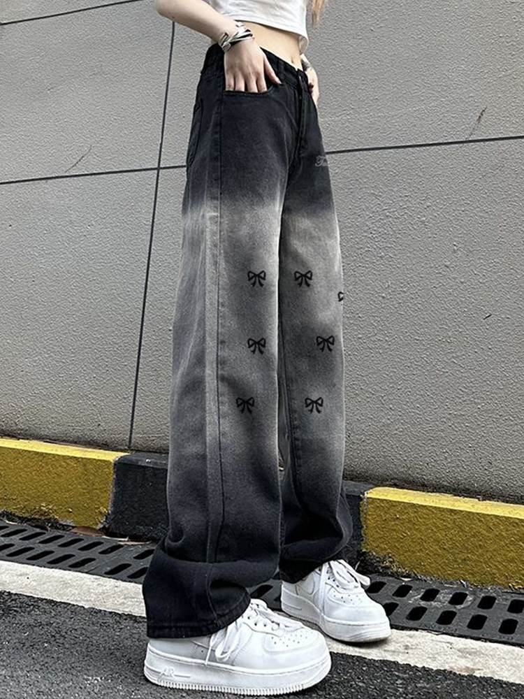 High-Waisted Loose Straight Wide-Leg Pants for Women - Casual Gradient Black American High Street Style High-Waisted Loose Straight Wide-Leg Pants for Women - Casual Gradient Black American High Street Style