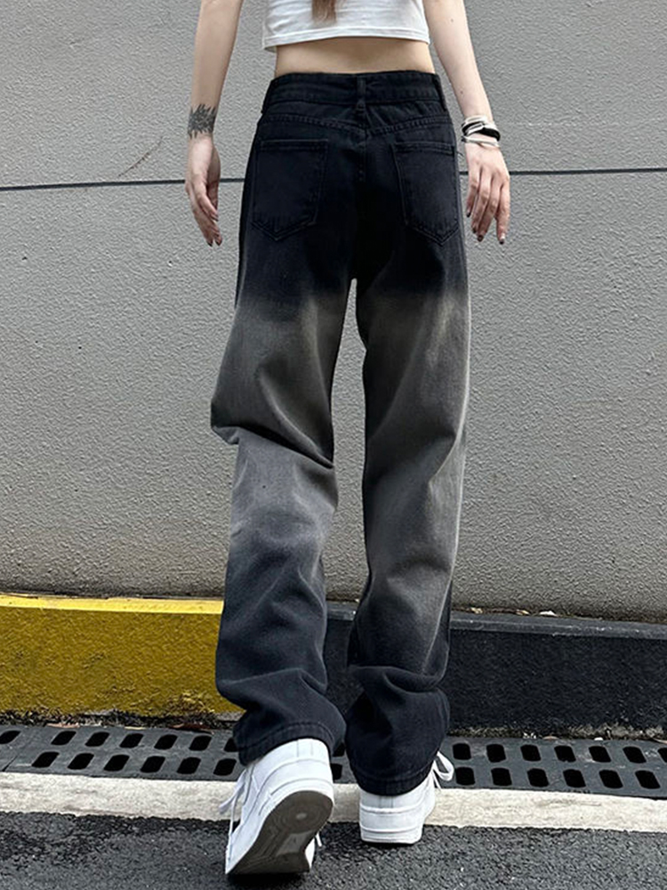 High-Waisted Loose Straight Wide-Leg Pants for Women - Casual Gradient Black American High Street Style High-Waisted Loose Straight Wide-Leg Pants for Women - Casual Gradient Black American High Street Style