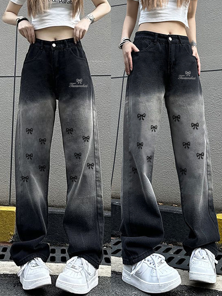 High-Waisted Loose Straight Wide-Leg Pants for Women - Casual Gradient Black American High Street Style