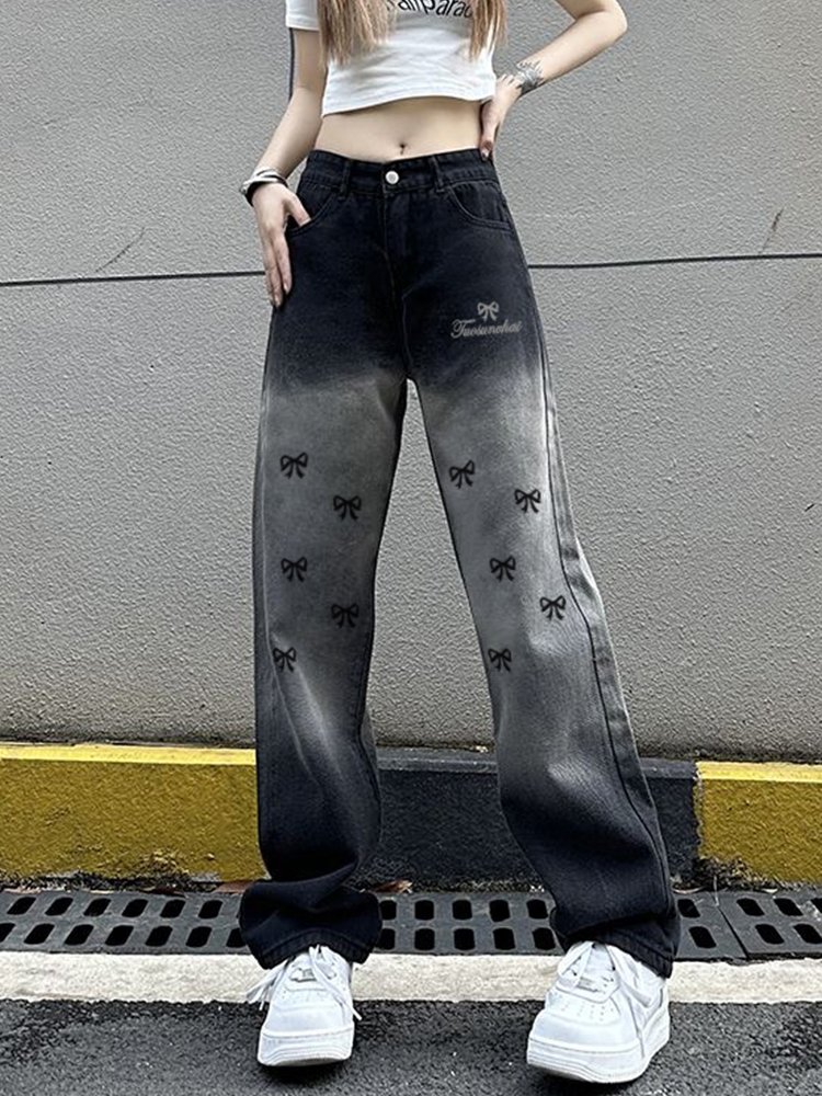 High-Waisted Loose Straight Wide-Leg Pants for Women - Casual Gradient Black American High Street Style High-Waisted Loose Straight Wide-Leg Pants for Women - Casual Gradient Black American High Street Style