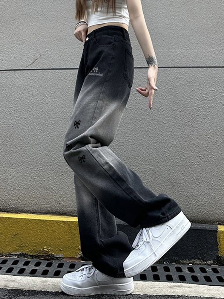 High-Waisted Loose Straight Wide-Leg Pants for Women - Casual Gradient Black American High Street Style High-Waisted Loose Straight Wide-Leg Pants for Women - Casual Gradient Black American High Street Style