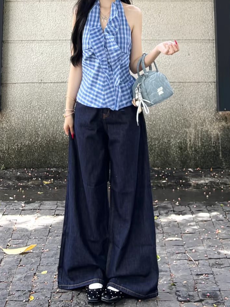 High-Waisted Loose Wide-Leg Deep Blue Tencel Jeans for Women - Retro American Style Summer Pants High-Waisted Loose Wide-Leg Deep Blue Tencel Jeans for Women - Retro American Style Summer Pants