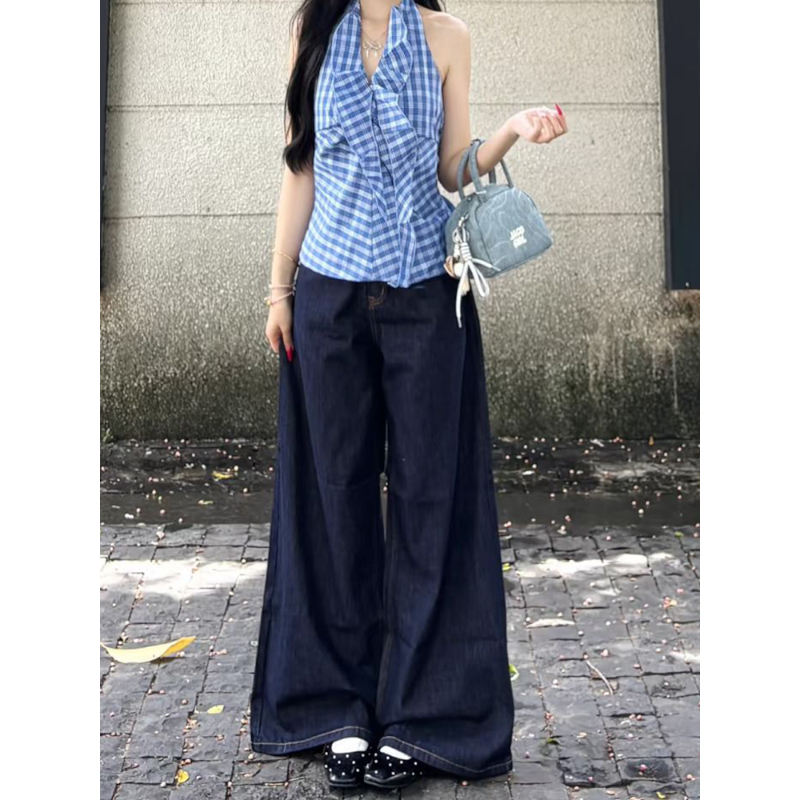 High-Waisted Loose Wide-Leg Deep Blue Tencel Jeans for Women - Retro American Style Summer Pants High-Waisted Loose Wide-Leg Deep Blue Tencel Jeans for Women - Retro American Style Summer Pants