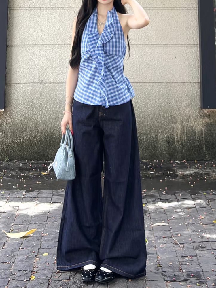 High-Waisted Loose Wide-Leg Deep Blue Tencel Jeans for Women - Retro American Style Summer Pants