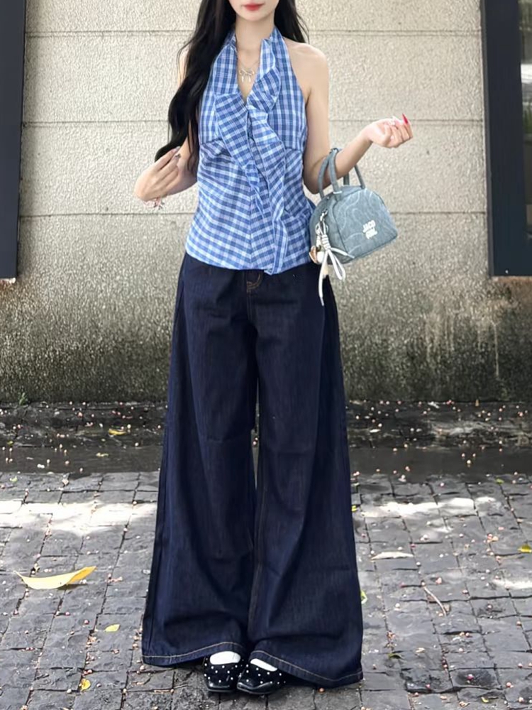 High-Waisted Loose Wide-Leg Deep Blue Tencel Jeans for Women - Retro American Style Summer Pants