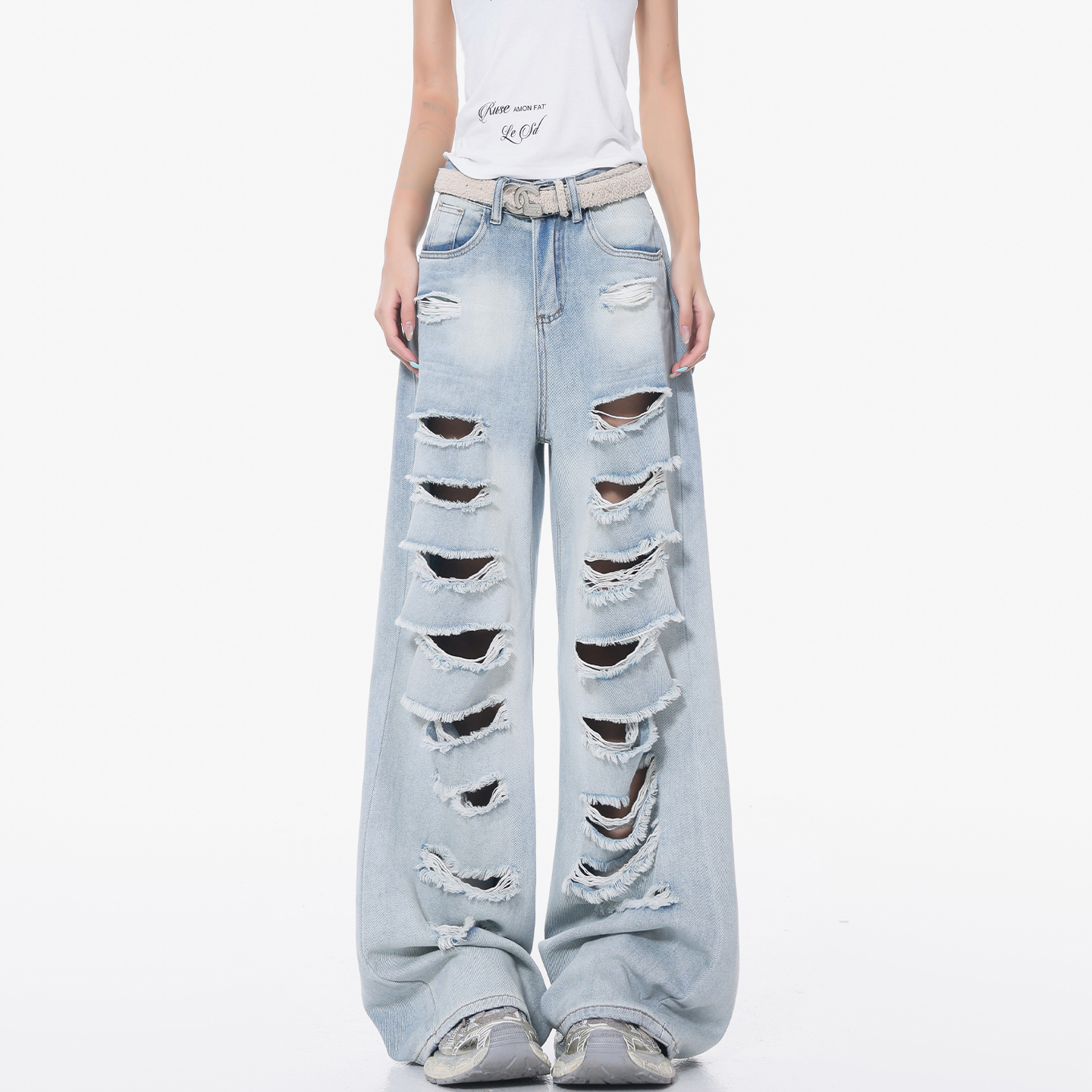 High-Waisted Loose Wide-Leg Ripped Denim Jeans for Women - American Street Style Summer Fashion