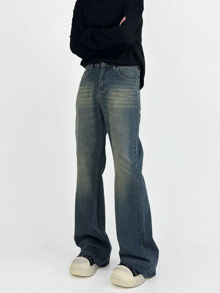 High-Waisted Micro-Flare Jeans for Men - American Retro Slimming Casual Long Pants with Frayed Hem and Whisker Detail