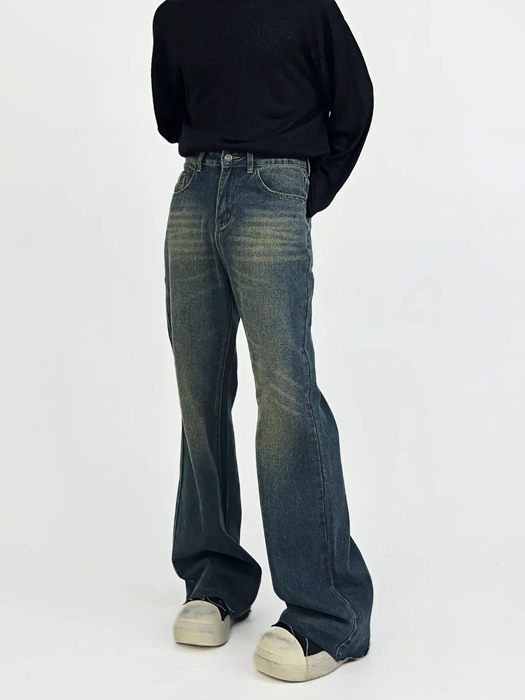 High-Waisted Micro-Flare Jeans for Men - American Retro Slimming Casual Long Pants with Frayed Hem and Whisker Detail High-Waisted Micro-Flare Jeans for Men - American Retro Slimming Casual Long Pants with Frayed Hem and Whisker Detail