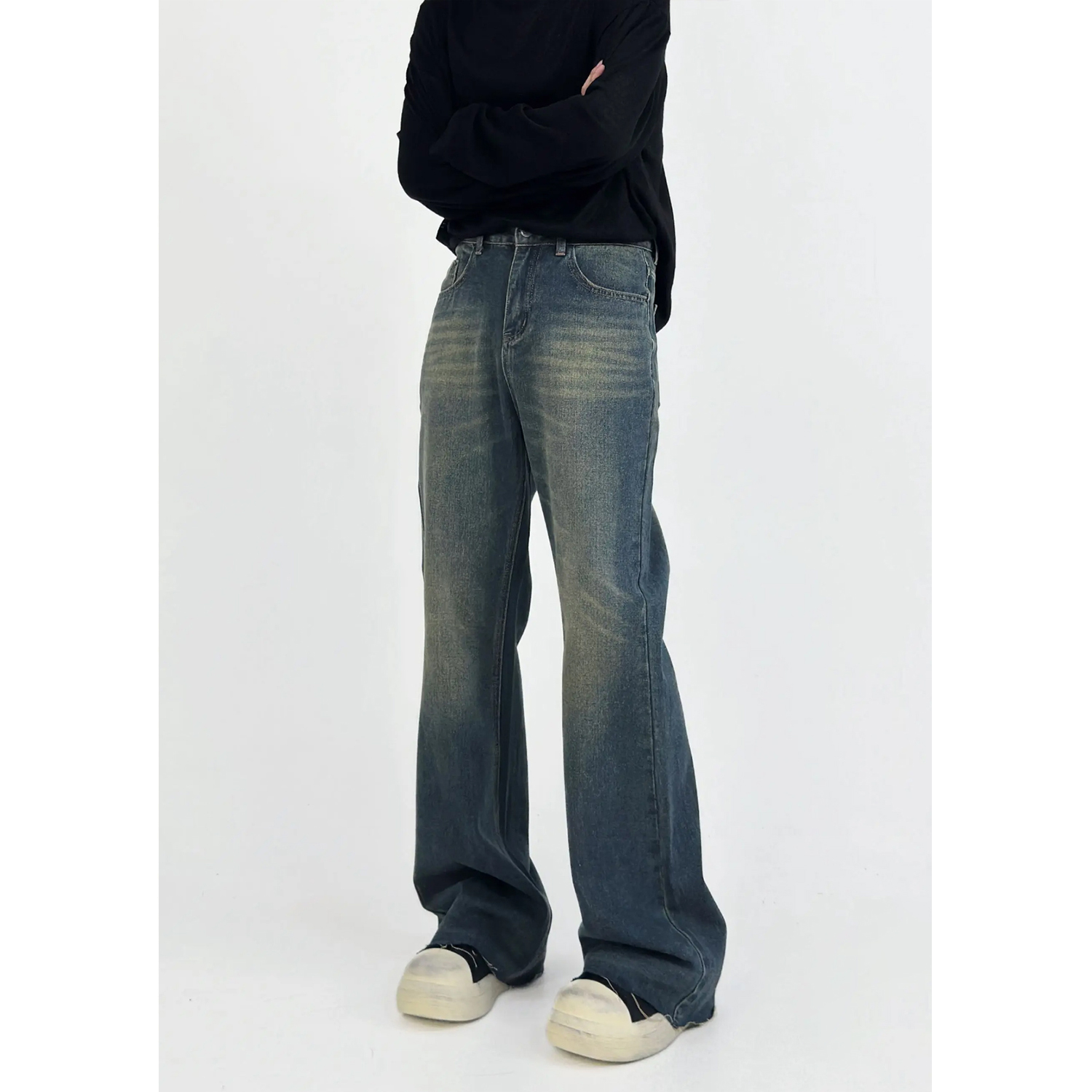 High-Waisted Micro-Flare Jeans for Men - American Retro Slimming Casual Long Pants with Frayed Hem and Whisker Detail