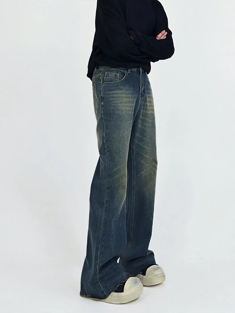 High-Waisted Micro-Flare Jeans for Men - American Retro Slimming Casual Long Pants with Frayed Hem and Whisker Detail High-Waisted Micro-Flare Jeans for Men - American Retro Slimming Casual Long Pants with Frayed Hem and Whisker Detail