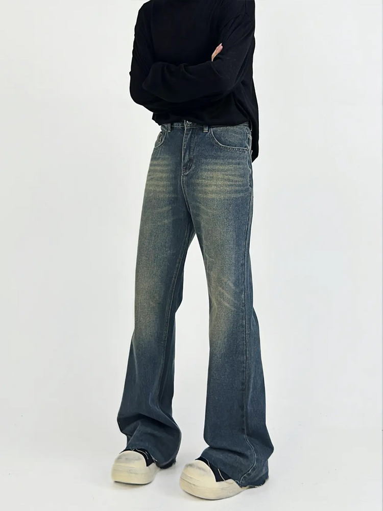 High-Waisted Micro-Flare Jeans for Men - American Retro Slimming Casual Long Pants with Frayed Hem and Whisker Detail High-Waisted Micro-Flare Jeans for Men - American Retro Slimming Casual Long Pants with Frayed Hem and Whisker Detail
