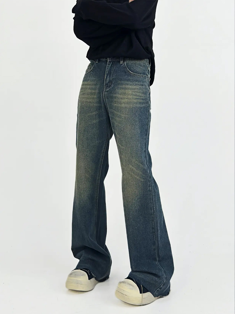 High-Waisted Micro-Flare Jeans for Men - American Retro Slimming Casual Long Pants with Frayed Hem and Whisker Detail High-Waisted Micro-Flare Jeans for Men - American Retro Slimming Casual Long Pants with Frayed Hem and Whisker Detail