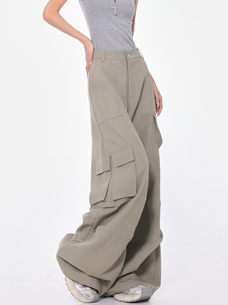 High-Waisted Pleated Multi-Pocket Denim Pants for Women - Vintage American Workwear Casual Trousers