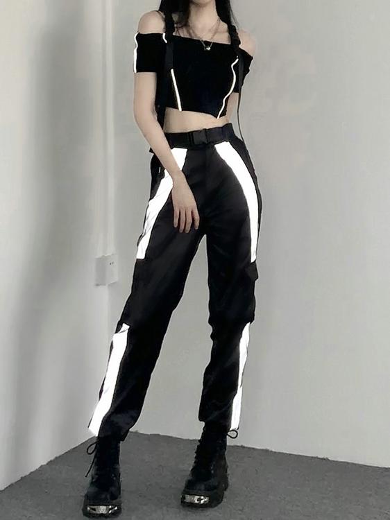 High-Waisted Reflective Cargo Pants for Women - Hip-Hop Street Style Functional Casual Pants for Jazz Dancing and Streetwear