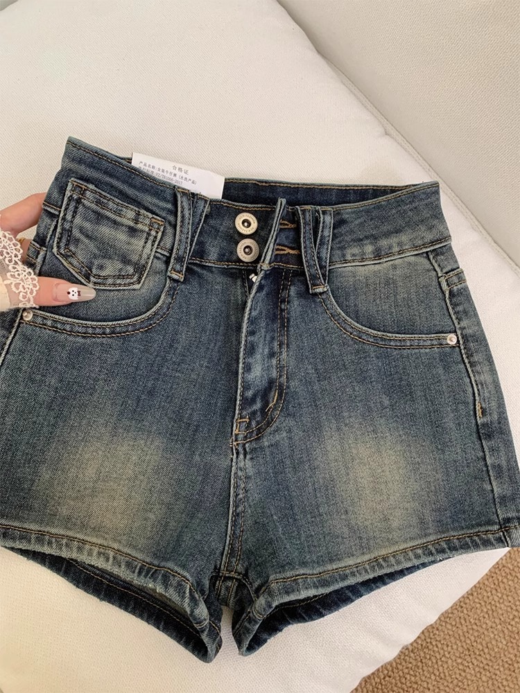 High-Waisted Retro Blue Double-Button Denim Shorts for Women, Slim-Fit Stretchy A-Line Summer Hot Pants
