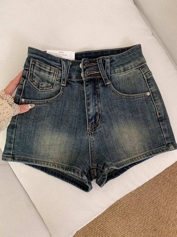 High-Waisted Retro Blue Double-Button Denim Shorts for Women, Slim-Fit Stretchy A-Line Summer Hot Pants High-Waisted Retro Blue Double-Button Denim Shorts for Women, Slim-Fit Stretchy A-Line Summer Hot Pants