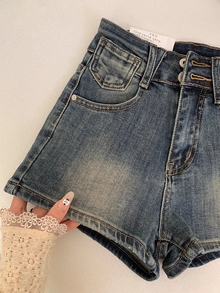 High-Waisted Retro Blue Double-Button Denim Shorts for Women, Slim-Fit Stretchy A-Line Summer Hot Pants High-Waisted Retro Blue Double-Button Denim Shorts for Women, Slim-Fit Stretchy A-Line Summer Hot Pants