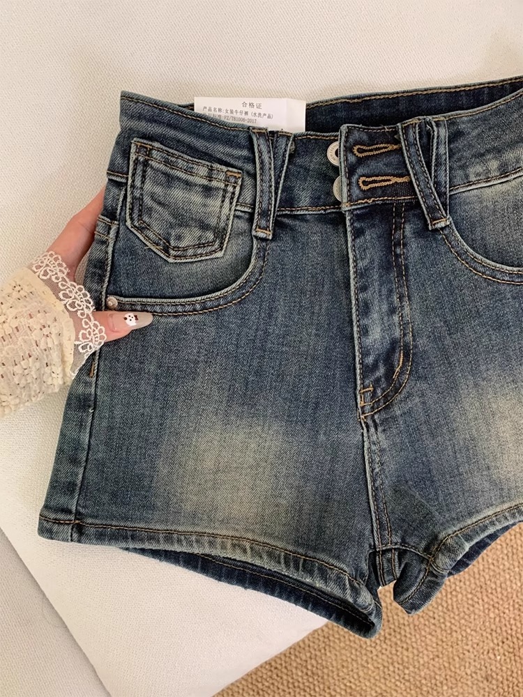 High-Waisted Retro Blue Double-Button Denim Shorts for Women, Slim-Fit Stretchy A-Line Summer Hot Pants