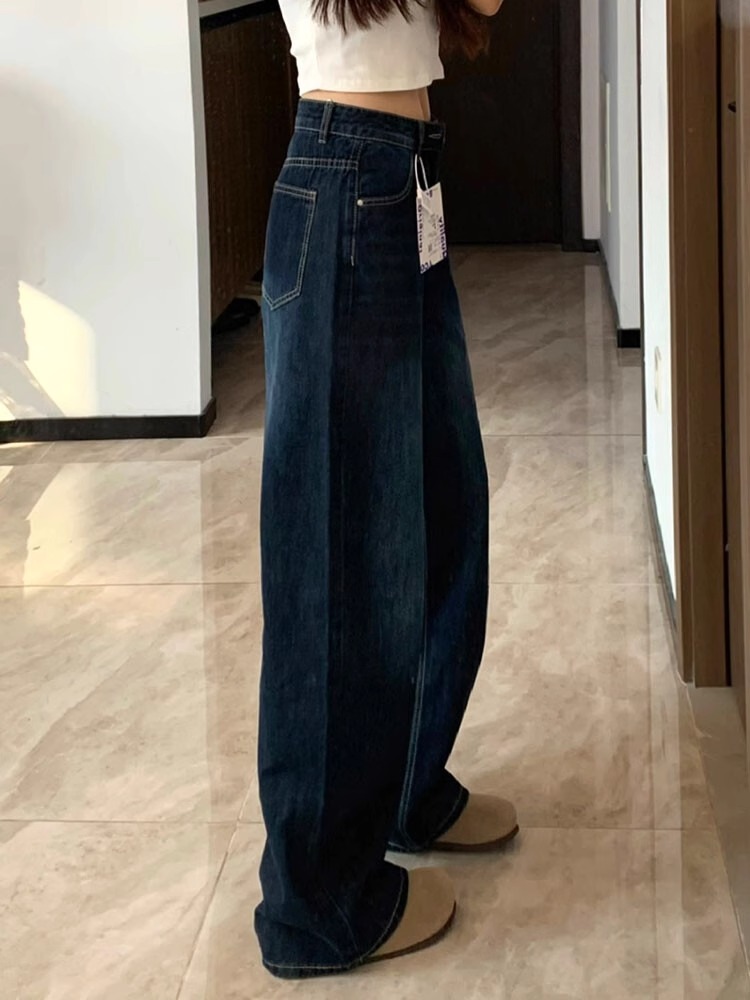 High-Waisted Retro Deep Blue Wide-Leg Jeans for Women, Loose Slimming Summer Pants, Floor-Length Straight-Leg Style High-Waisted Retro Deep Blue Wide-Leg Jeans for Women, Loose Slimming Summer Pants, Floor-Length Straight-Leg Style