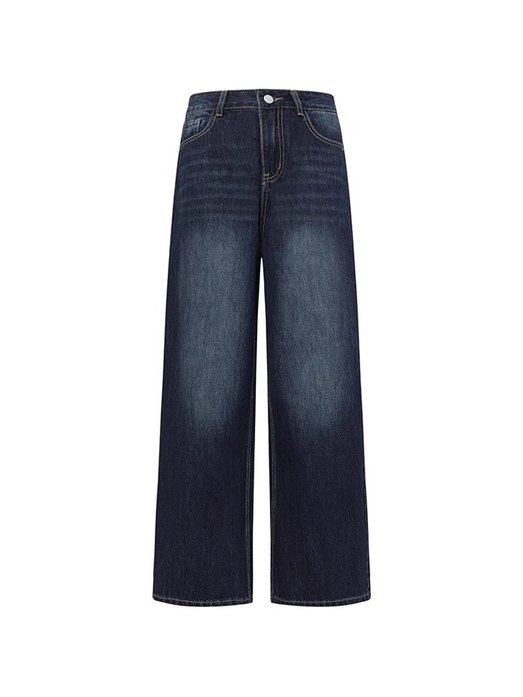 High-Waisted Retro Deep Blue Wide-Leg Jeans for Women, Loose Slimming Summer Pants, Floor-Length Straight-Leg Style High-Waisted Retro Deep Blue Wide-Leg Jeans for Women, Loose Slimming Summer Pants, Floor-Length Straight-Leg Style