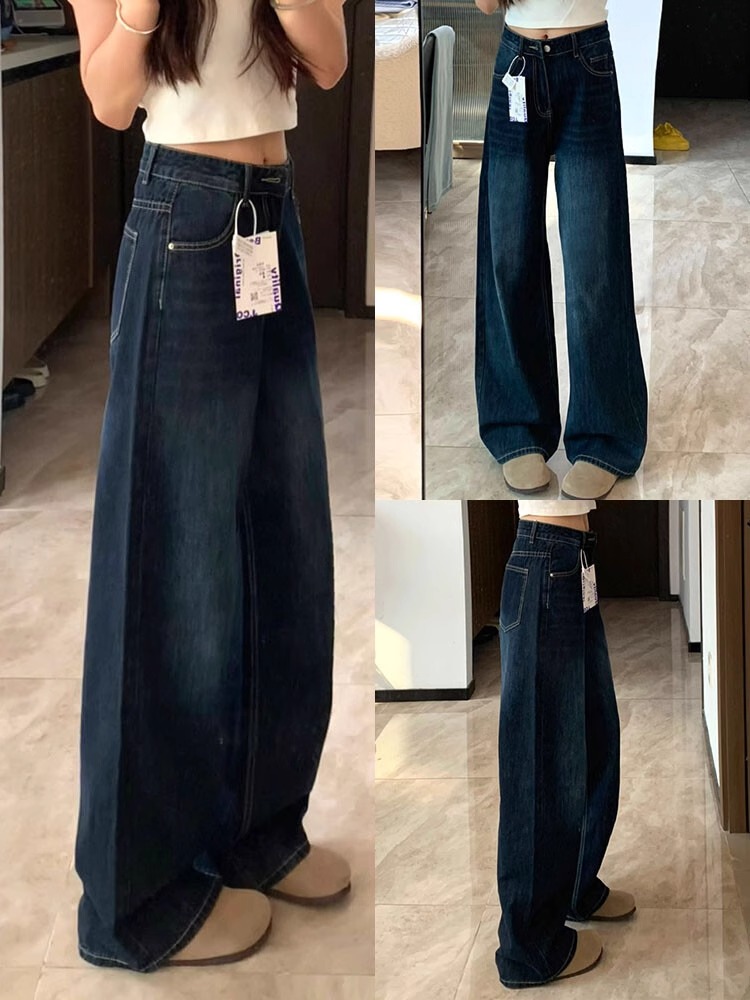 High-Waisted Retro Deep Blue Wide-Leg Jeans for Women, Loose Slimming Summer Pants, Floor-Length Straight-Leg Style