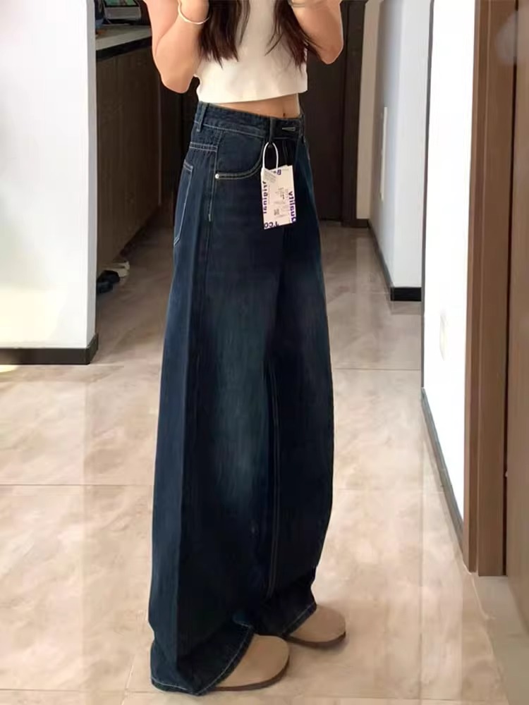 High-Waisted Retro Deep Blue Wide-Leg Jeans for Women, Loose Slimming Summer Pants, Floor-Length Straight-Leg Style High-Waisted Retro Deep Blue Wide-Leg Jeans for Women, Loose Slimming Summer Pants, Floor-Length Straight-Leg Style