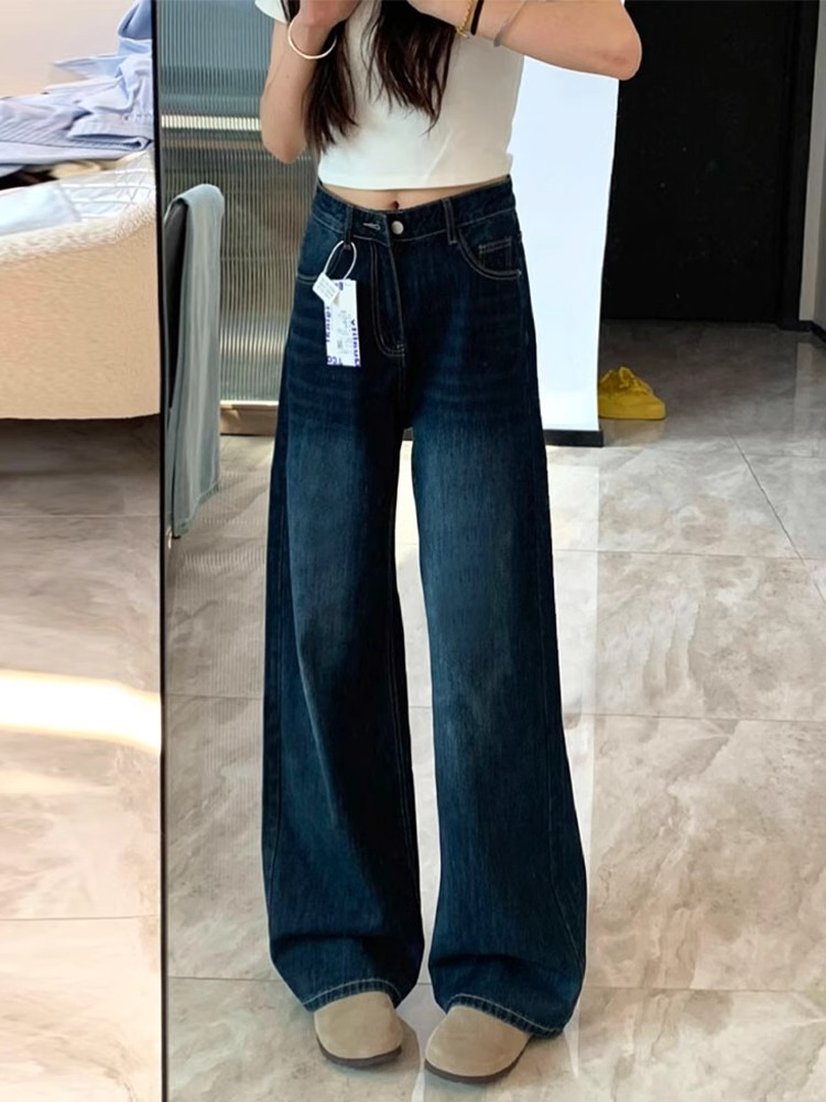 High-Waisted Retro Deep Blue Wide-Leg Jeans for Women, Loose Slimming Summer Pants, Floor-Length Straight-Leg Style