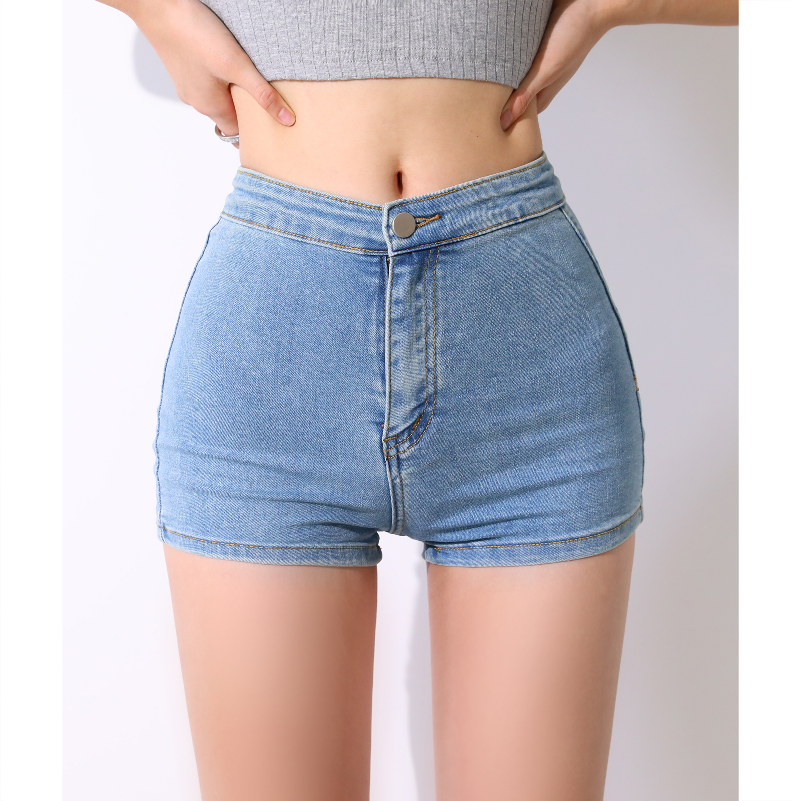 High-Waisted Retro Denim Shorts for Women - One-Button, Stretchy, Slimming, Light Blue, Leg-Lengthening, Sexy Hot Pants