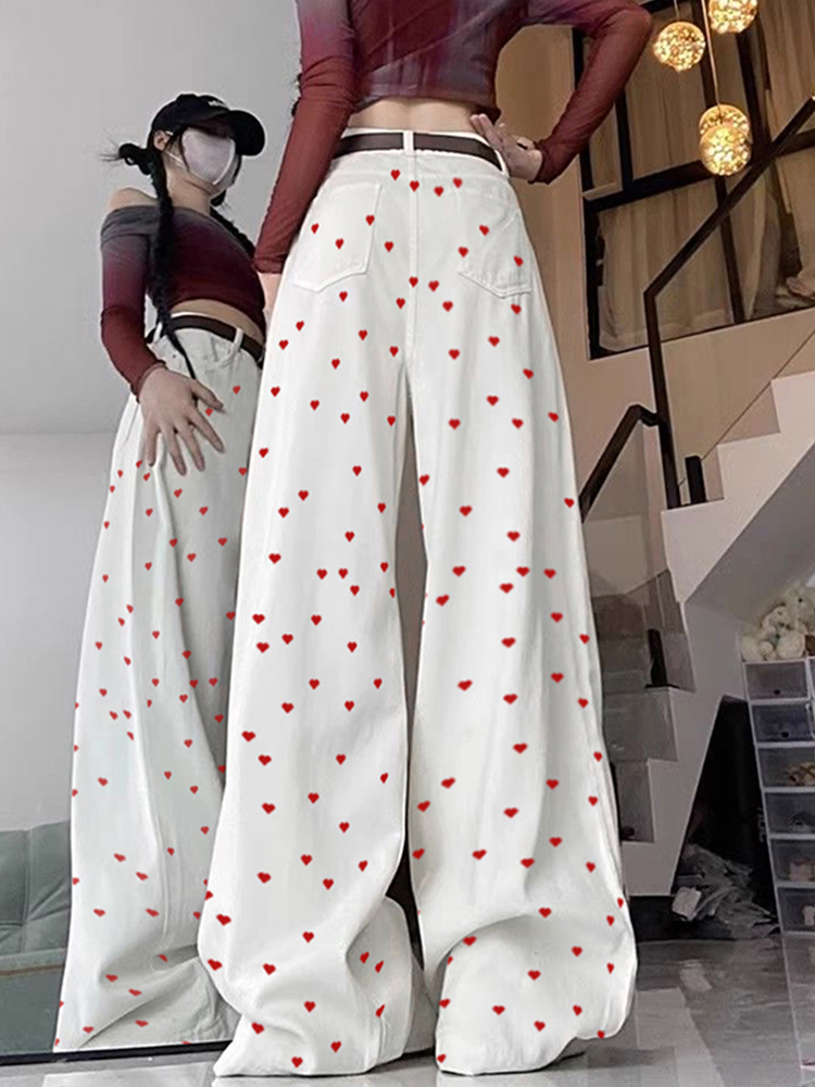 High-Waisted Retro Printed Women's Jeans, Casual Loose Straight Wide-Leg Pants, Trendy High Street Fashion, Y2K Style High-Waisted Retro Printed Women's Jeans, Casual Loose Straight Wide-Leg Pants, Trendy High Street Fashion, Y2K Style