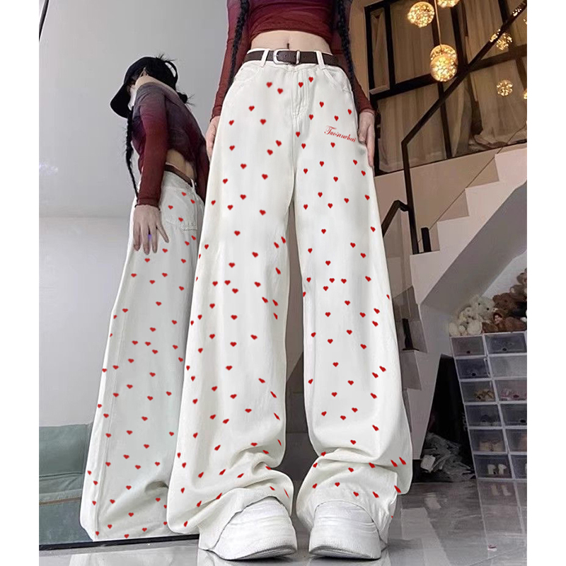 High-Waisted Retro Printed Women's Jeans, Casual Loose Straight Wide-Leg Pants, Trendy High Street Fashion, Y2K Style