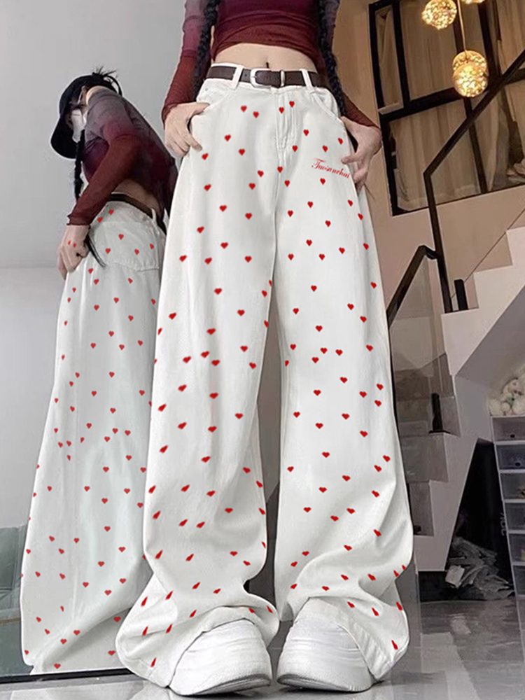 High-Waisted Retro Printed Women's Jeans, Casual Loose Straight Wide-Leg Pants, Trendy High Street Fashion, Y2K Style High-Waisted Retro Printed Women's Jeans, Casual Loose Straight Wide-Leg Pants, Trendy High Street Fashion, Y2K Style